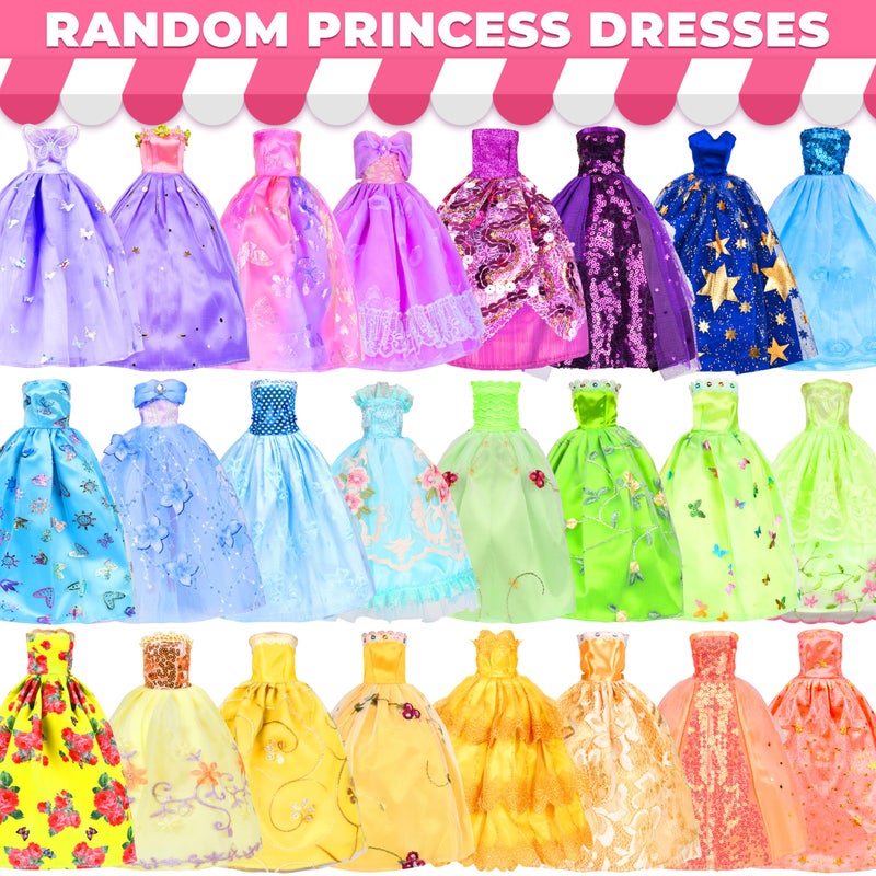 Bymore ï»¿195 Pcs Doll Clothes and Accessories Kit, Include Princess Gowns, Fashion Skirt, Slip Dresses, Tops, Pants, Bikini Swimsuits, Shoes, Crowns, Necklaces, Glasses, Hangers in Gift Box for 11"-12" Dolls - Image 3